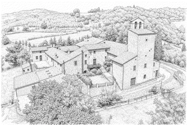 Disegno della veduta dellAbbazia di Vallingeno