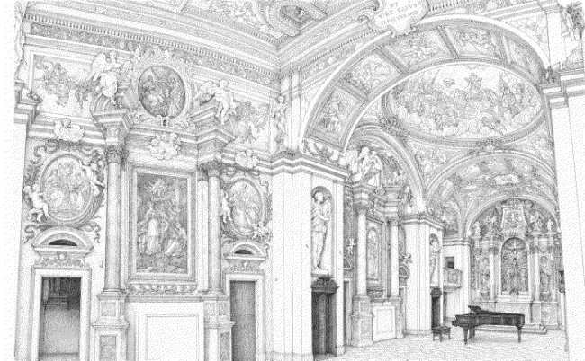 Illustrazione dell'interno dell'Oratorio del Crocifisso